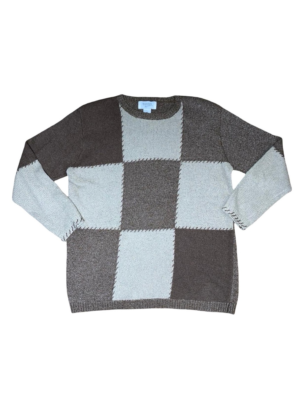 Vintage Teddi Patchwork Knit Crewneck Sweater Brown Grey Block Stitch Size M - Picture 2 of 9